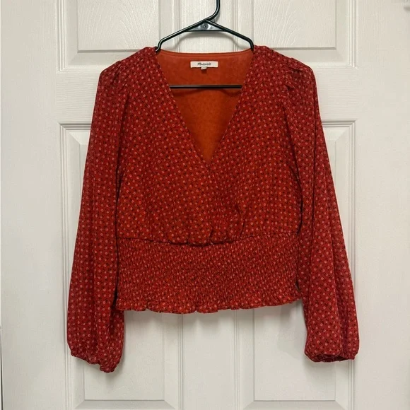 Madewell Julianne Smocked-Waist Top in Red Size Medium - Picture 1 of 3